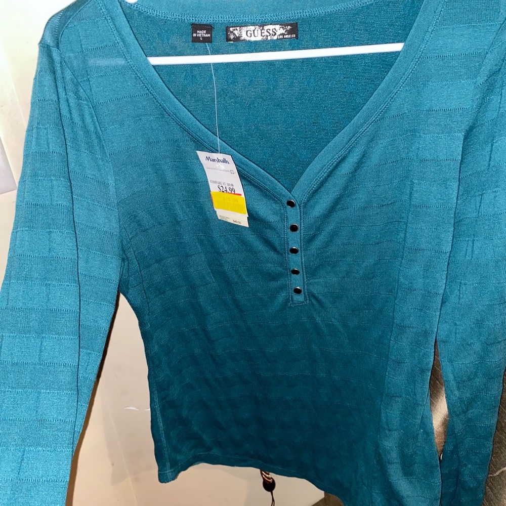 Guess Henley Tee - Size L - Teal Black - NWOT